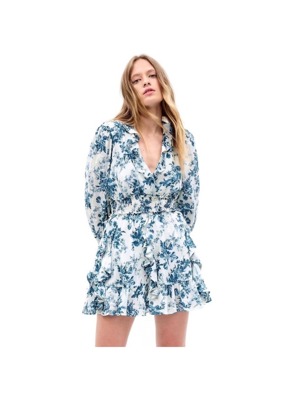 White & Blue Floral V-Neck Ruffle Mini Dress